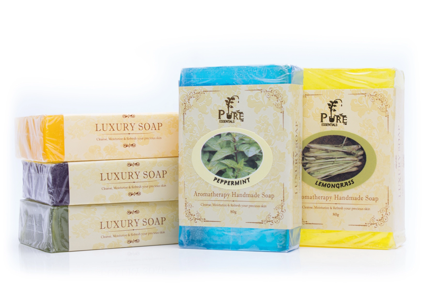 A collage of Pure™ Aromatherapy Handmade Soaps