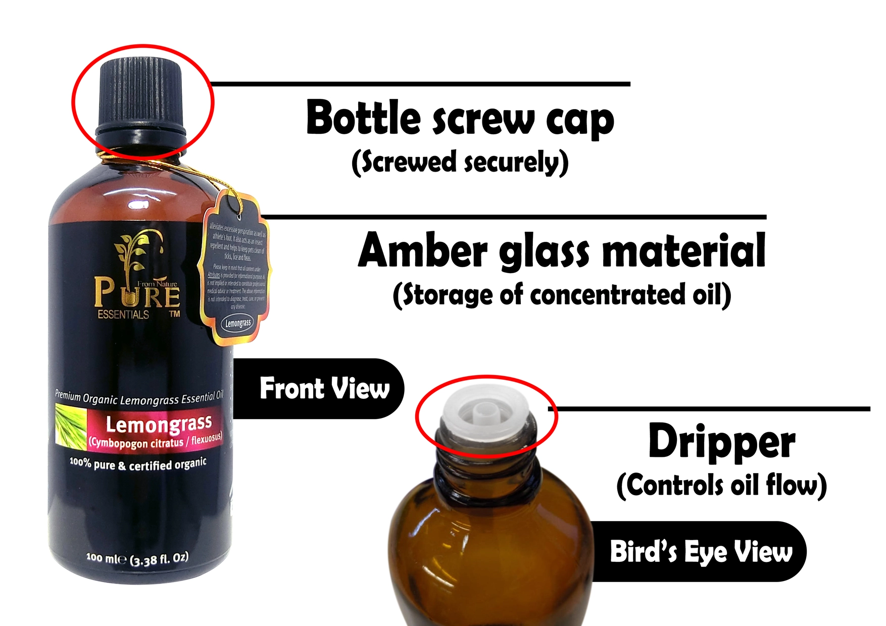 Certified Organic Pure Essential Oil Bottle 100ml Amber Glass Bottle