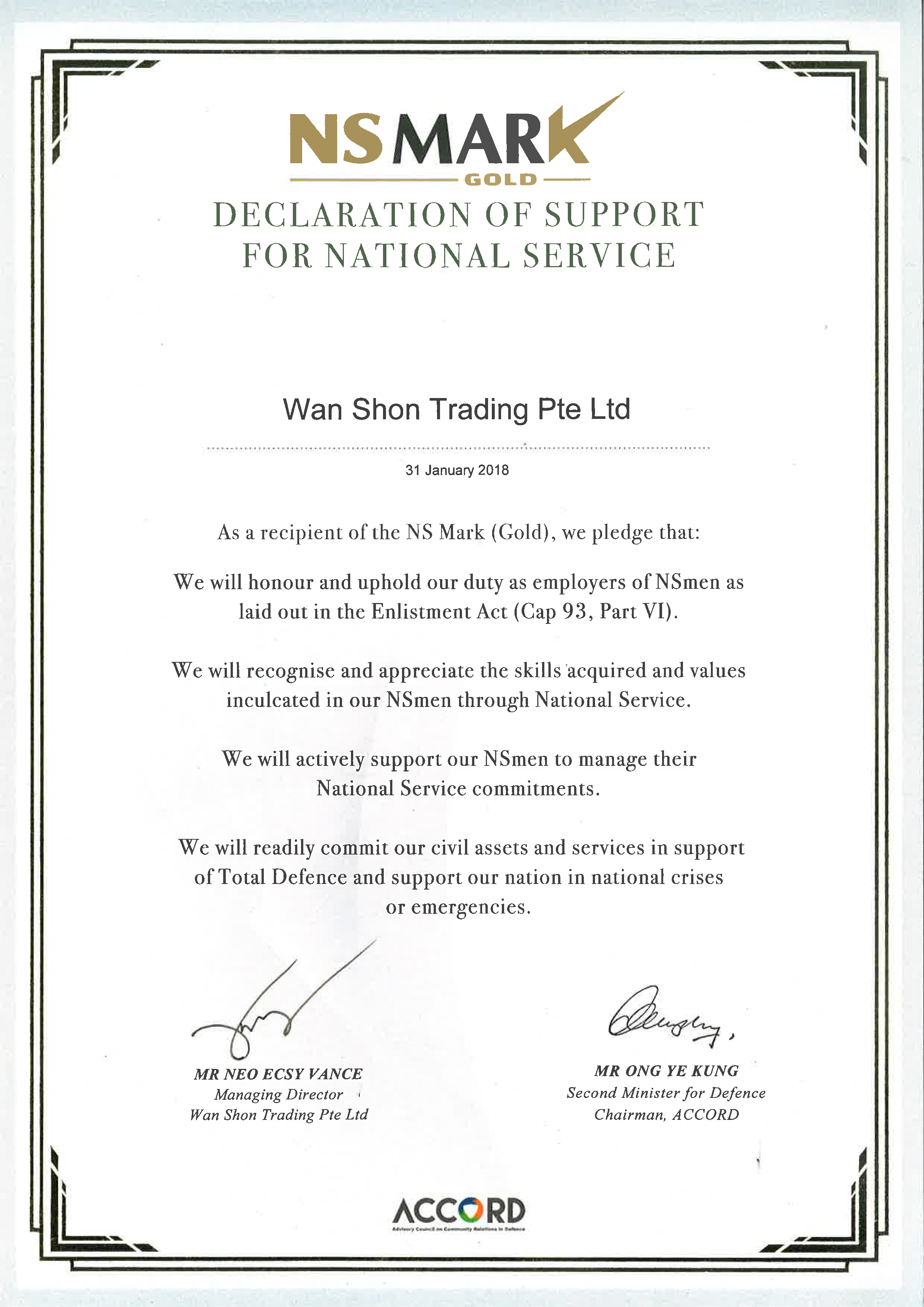 Declaration Of Support - NS Mark Gold