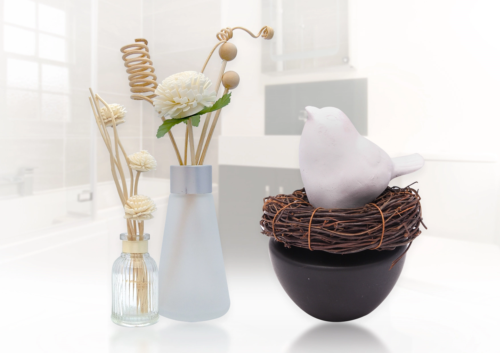 Images of Reed Sticks and Ceramic Aroma Diffusers combined